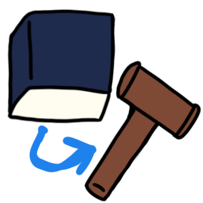 a large book with a dark blue cover, and a blue arrow from it to a gavel.